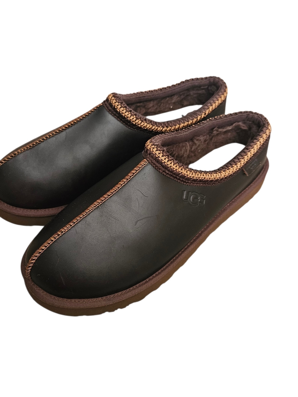UGG Plush Men’s Dark Brown Leather Shearling-Lined Slip-On Shoes Size 13